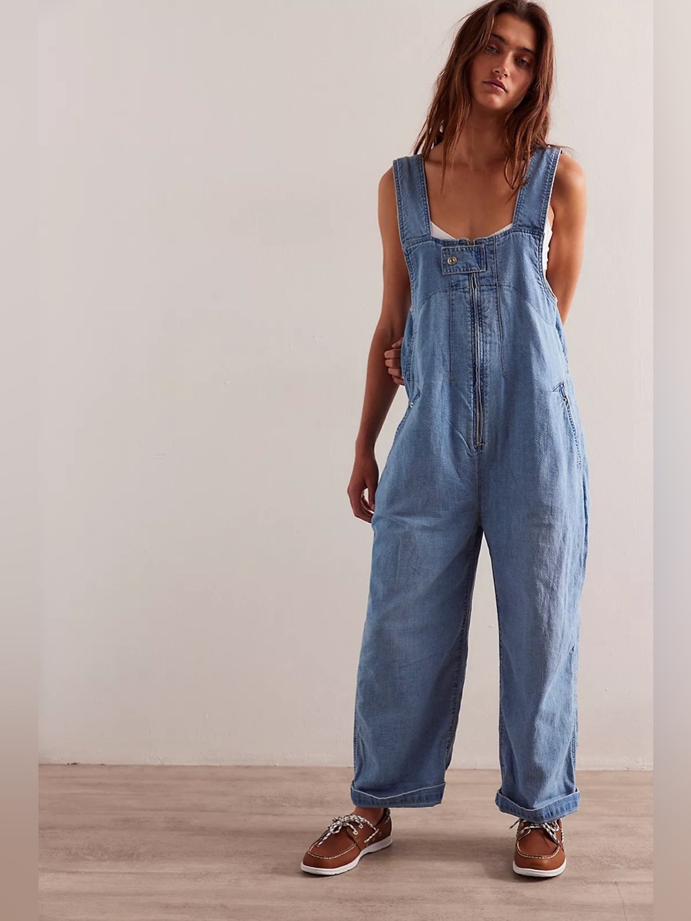 Free People we the free Jude washed denim wide leg barrel Jean overalls jumpsuit